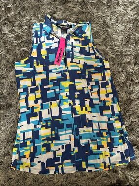 Simplicité Sleeveless Zip Golf Polo - Navy, Turquoise & Yellow